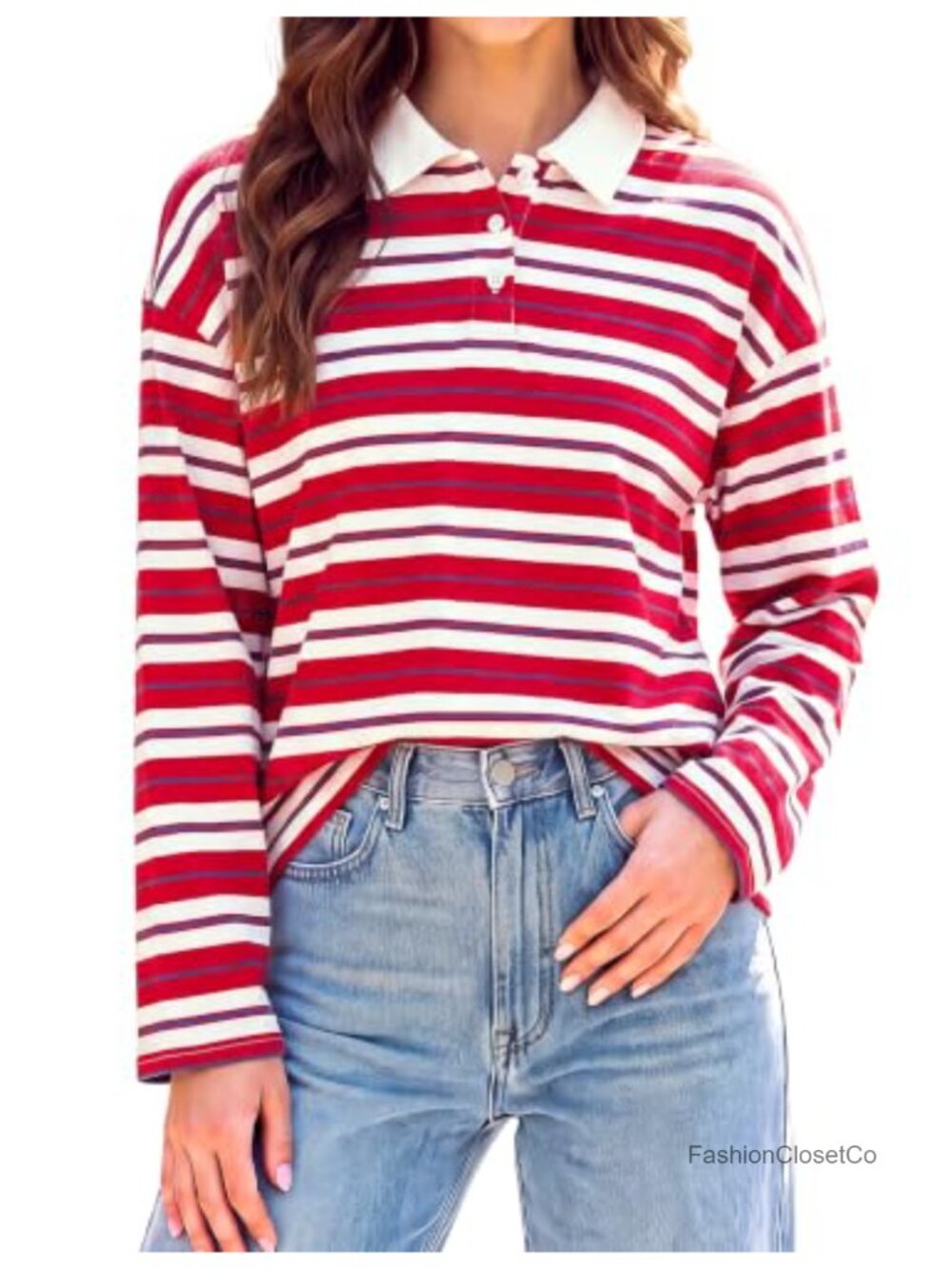 Women's Long Sleeve Rugby Polo Shirt Striped Oversized Y2K Pullover Top